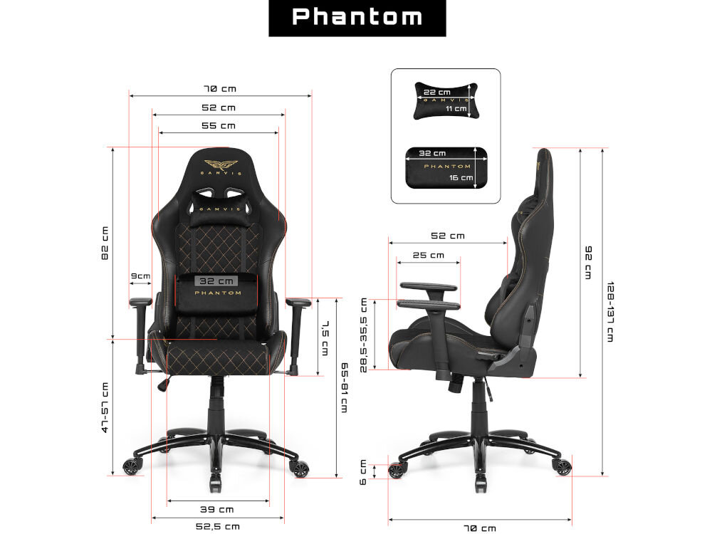 Fotel GAMVIS Phantom Large Czarny (złote elementy) prezentacja fotela od przodu i od boku na białym tle wymiary stabilność