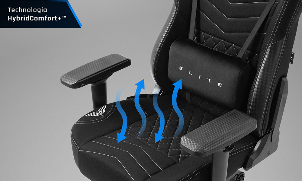 Fotel GAMVIS Elite 2.0 XL Basic Czarny (białe elementy) zbliżenie na siedzisko fotela szare tło pikowana tapicerka z dokładnymi przeszyciami jak w aucie sportowym wygoda efekt wizualny
