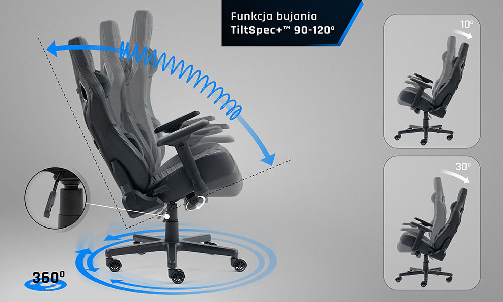 Fotel GAMVIS Elite 2.0 XL Basic Czarny (białe elementy) prezentacja możliwego zakresu bujania fotela na szarym tle stabilna konstrukcja przyjemne w dotyku materiały TiltSpec+ odchylenie siedziska wsparcie naturalnego ruchu ciała poprawa wygody bez uczucia zmęczenia