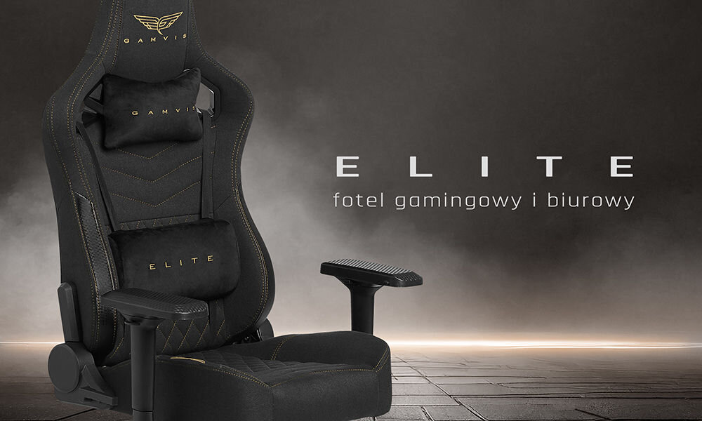 Fotel GAMVIS Elite 2.0 Pro XL Tkanina Czarny (złote elementy) prezentacja fotela na ciemnym tle od przodu pod kątem pas led wzdłuż listwy