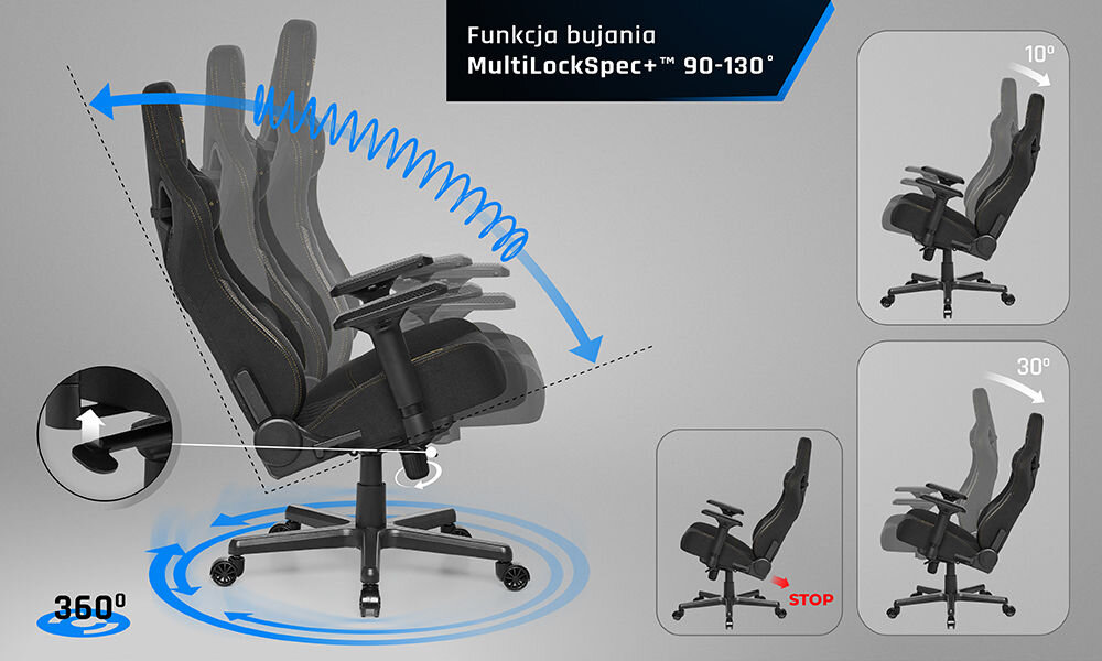 Fotel GAMVIS Elite 2.0 Pro XL Tkanina Czarny (złote elementy) prezentacja możliwego zakresu bujania fotela na szarym tle mechanizm bujania MultiLockSpec+ blokada siedziska w dowolnej pozycji stabilna konstrukcja miękkie materiały