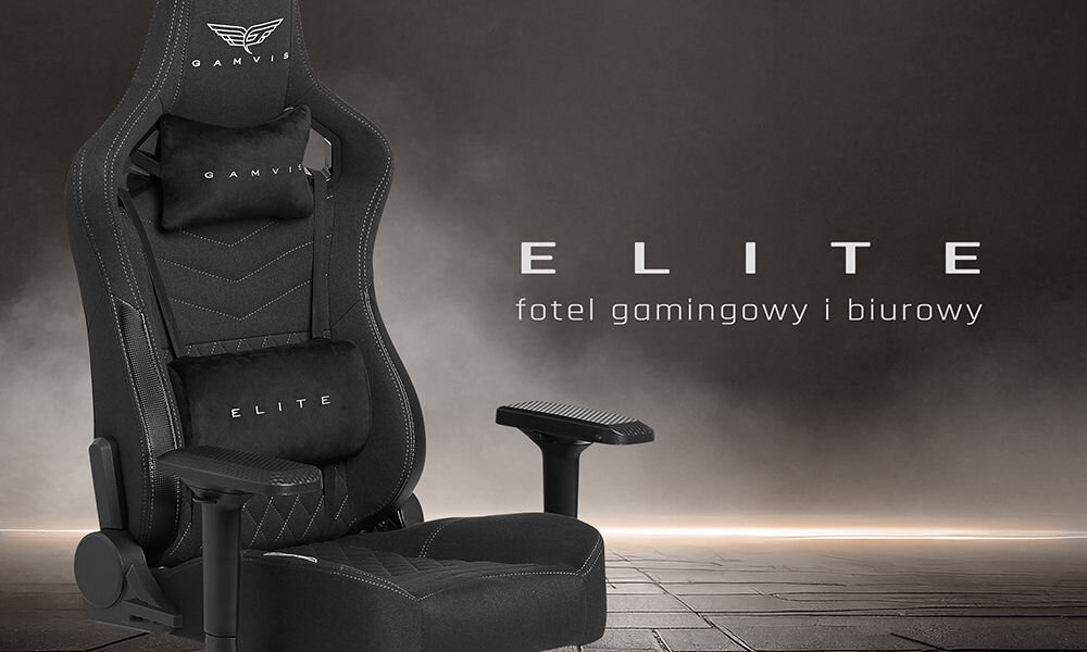 Fotel GAMVIS Elite 2.0 Pro XL Czarny (białe elementy) prezentacja fotela na ciemnym tle od przodu pod kątem pas led wzdłuż listwy