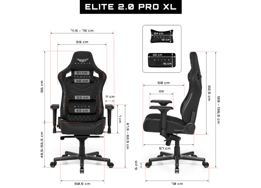 Fotel GAMVIS Elite 2.0 Pro XL Czarny (białe elementy) prezentacja fotela od przodu i od boku na białym tle wymiary stabilność
