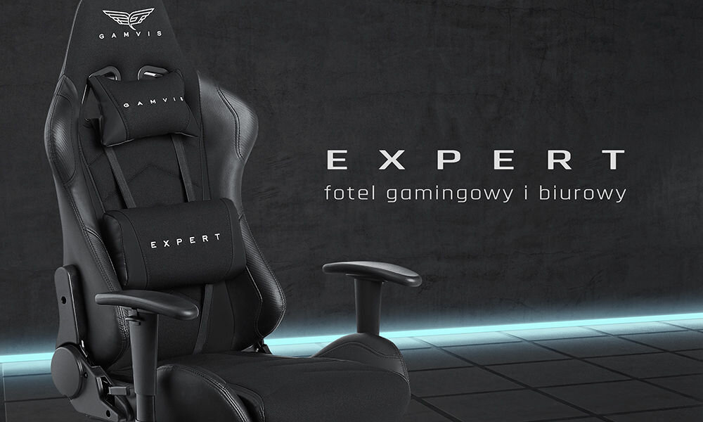 Fotel GAMVIS Expert Czarny prezentacja fotela na ciemnym tle od przodu pod kątem pas led wzdłuż listwy
