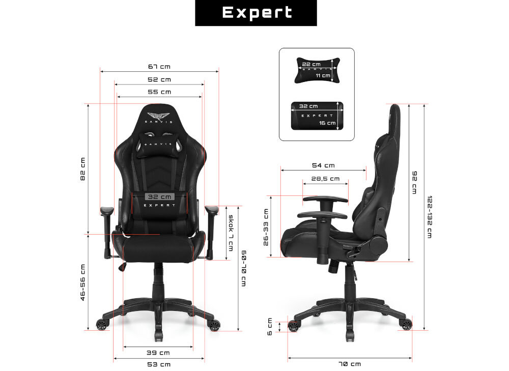 Fotel GAMVIS Expert Czarny prezentacja fotela od przodu i od boku na białym tle wymiary stabilność