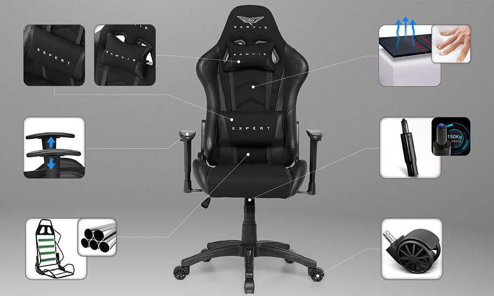 Fotel GAMVIS Expert Czarny prezentacja fotela na szarym tle dookoła zbliżenia na jego cechy zdjęcia ze strzałkami prowadzącymi na daną rzecz