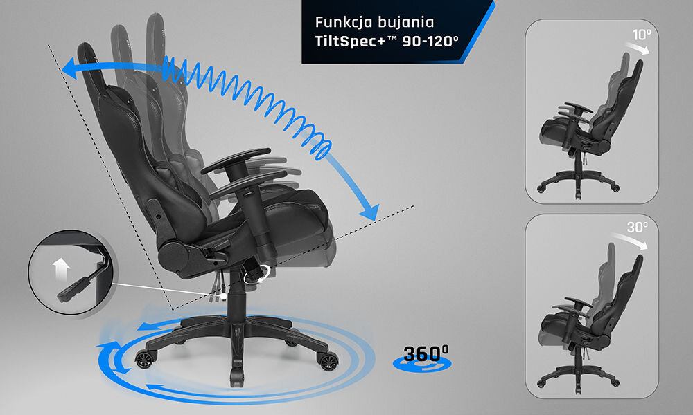 Fotel GAMVIS Expert Czarny prezentacja możliwego zakresu bujania fotela na szarym tle stabilna konstrukcja przyjemne w dotyku materiały TiltSpec+ odchylenie siedziska wsparcie naturalnego ruchu ciała poprawa wygody bez uczucia zmęczenia
