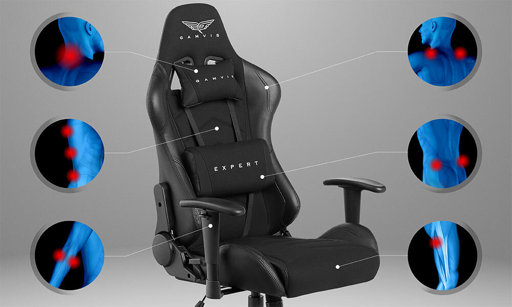 Fotel GAMVIS Expert Czarny prezentacja fotela na szarym tle i pokazanie miejsc na które fotel działa odciążająco ergonomiczne właściwości oparcie i siedzisko poduszki pod głowę i odcinek lędźwiowy wspomaganie prawidłowej postawy komfort