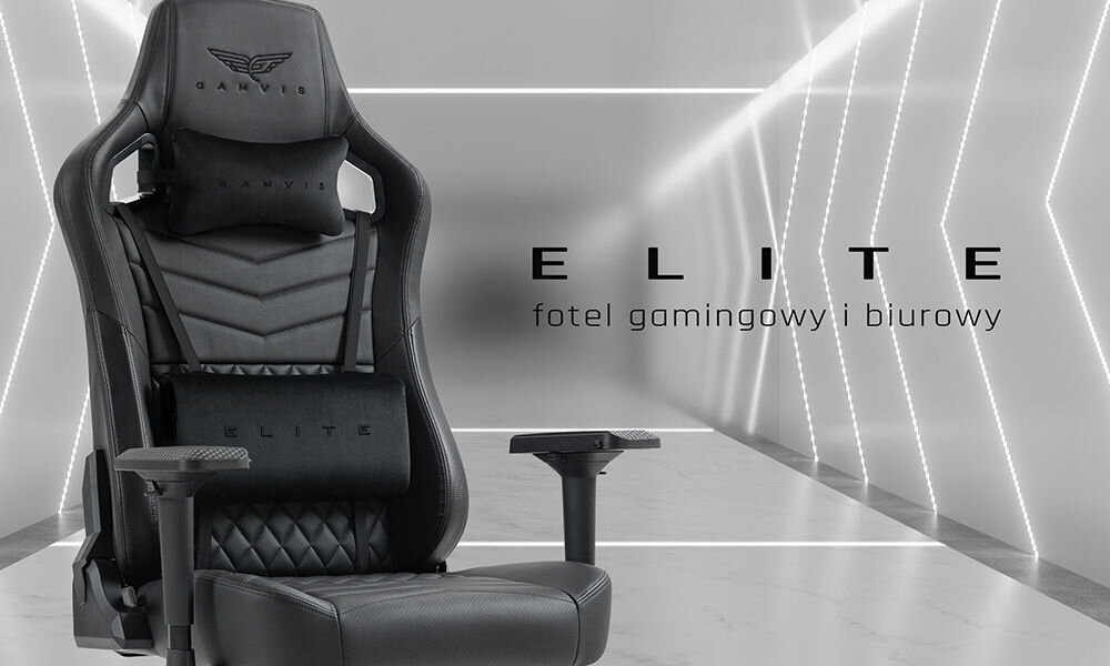 Fotel GAMVIS Elite 2.0 Pro XXL Czarny prezentacja fotela od przodu pod kątem w tle jasny tunel z ledami