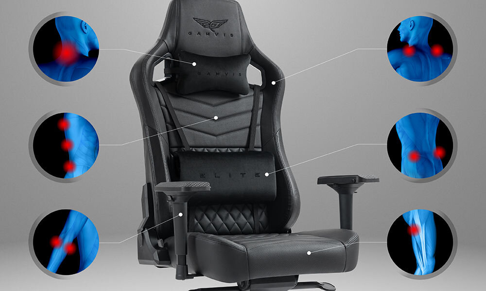 Fotel GAMVIS Elite 2.0 Pro XXL Czarny prezentacja fotela na szarym tle i pokazanie miejsc na które fotel działa odciążająco ergonomiczne właściwości oparcie i siedzisko poduszki pod głowę i odcinek lędźwiowy wspomaganie prawidłowej postawy komfort