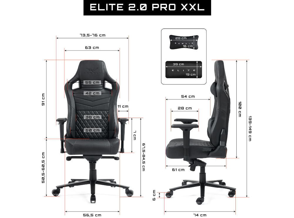 Fotel GAMVIS Elite 2.0 Pro XXL Czarny prezentacja fotela od przodu i od boku na białym tle wymiary stabilność