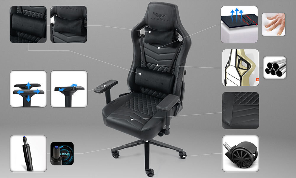 Fotel GAMVIS Elite 2.0 Pro XXL Czarny prezentacja fotela na szarym tle dookoła zbliżenia na jego cechy zdjęcia ze strzałkami prowadzącymi na daną rzecz