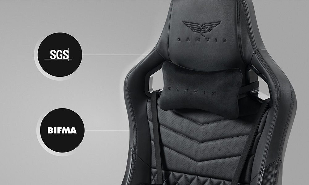Fotel GAMVIS Elite 2.0 Pro XXL Czarny prezentacja fotela na szarym tle ze zbliżeniem na oparcie napis SGS BIFMA optymalny stosunek ceny do jakości wysoka klasa komponentów standardy jakościowe SGS BIFMA trwałość bezpieczeństwo