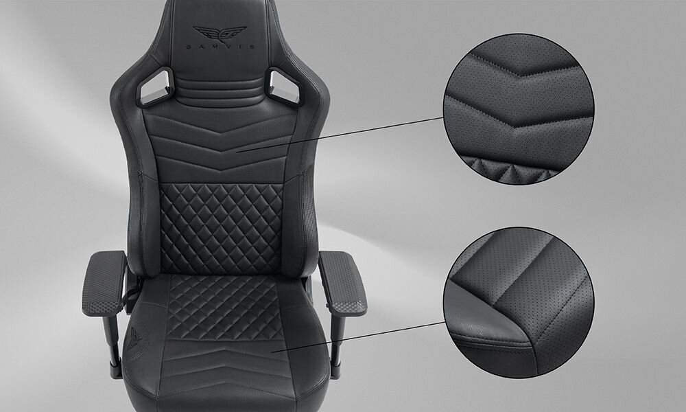Fotel GAMVIS Elite 2.0 Pro XXL Czarny zbliżenie na siedzisko fotela szare tło tapicerka z dokładnymi przeszyciami jak w aucie sportowym wygoda efekt wizualny