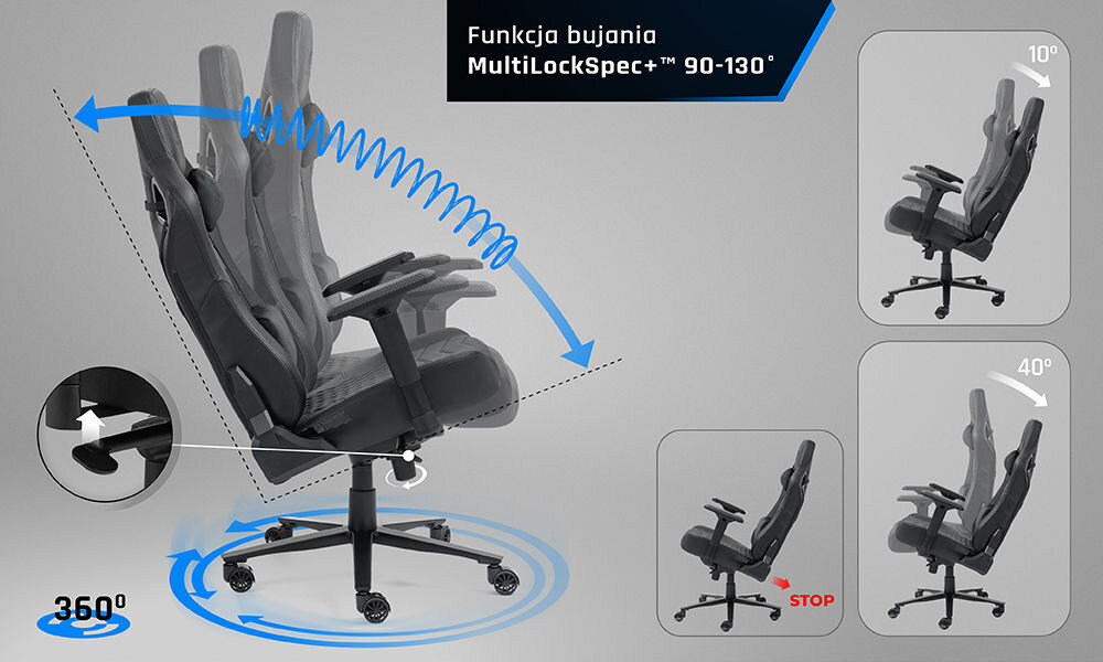 Fotel GAMVIS Elite 2.0 Pro XXL Czarny prezentacja możliwego zakresu bujania fotela na szarym tle mechanizm bujania MultiLockSpec+ blokada siedziska w dowolnej pozycji stabilna konstrukcja miękkie materiały