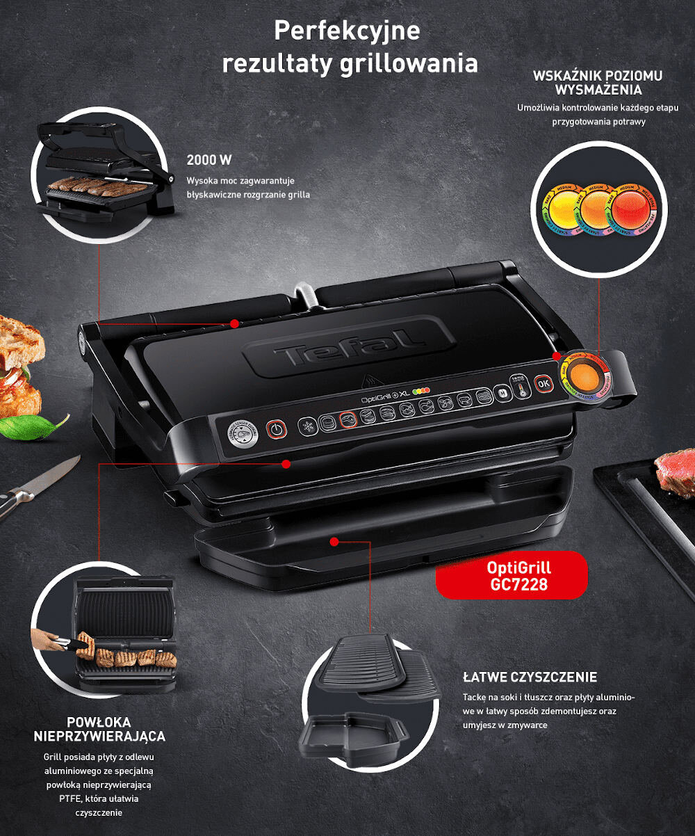 Obraz przedstawia grill elektryczny z napisem \'Tefal\' na pokrywie oraz panel sterowania z różnymi ikonami. Widoczne są także opisy funkcji, takie jak \'2000 W\', \'Wskaźnik poziomu wysmażenia\', \'Powłoka nieprzywierająca\' i \'Łatwe czyszczenie\'.