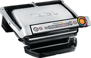 Grill elektryczny z widocznym logo \'Tefal\' na pokrywie oraz panelem sterowania z kolorowymi przyciskami i wskaźnikiem. Produkt ma metaliczną obudowę i tackę na tłuszcz.