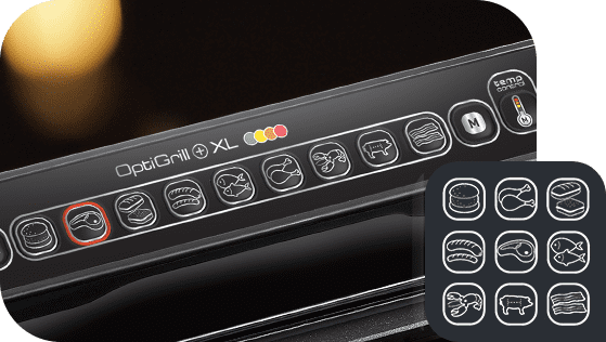 Panel sterowania grilla elektrycznego z ikonami programów do gotowania różnych potraw, w tym mięsa i ryb. Widoczny napis: \'OptiGrill+ XL\'.