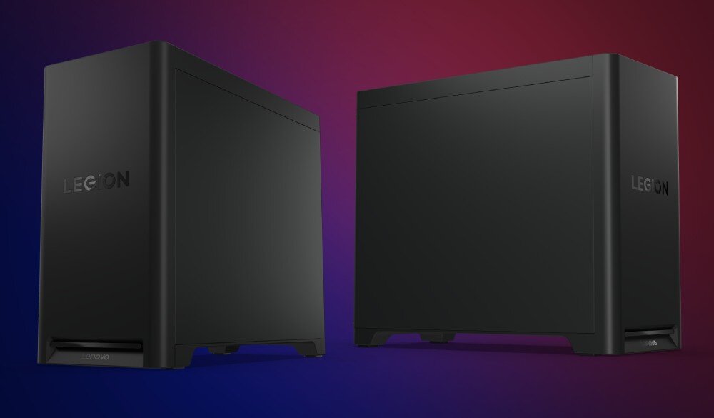 Komputer LENOVO Legion T5 30IAX10 Dwa komputery stacjonarne ustawione obok siebie, widok z przodu i z boku, obie obudowy w jednolitym czarnym kolorze z logo 'LEGION', panel boczny rozbudowa,