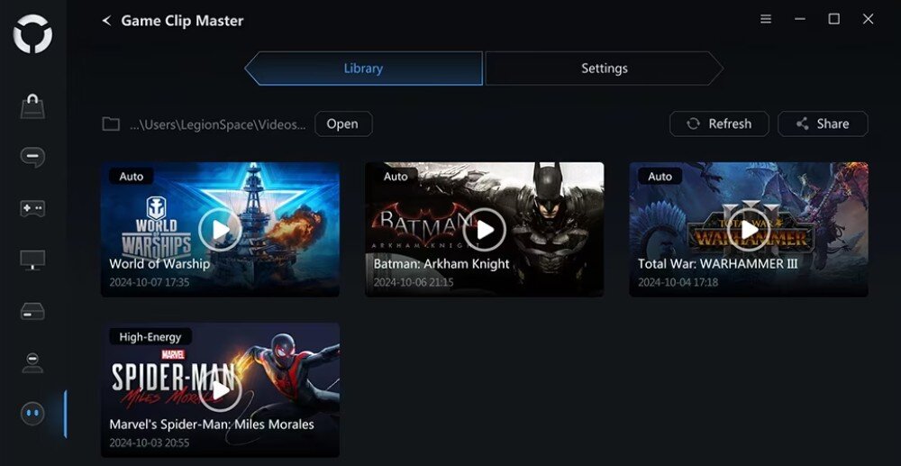 Komputer LENOVO Legion T5 30IAX10 Zrzut ekranu z aplikacji Game Clip Master prezentujący bibliotekę nagranych fragmentów z gier World of Warships, Batman: Arkham Knight, Total War: Warhammer III i Spider-Man: Miles Morales, aplikacja, funkcje, narzędzia