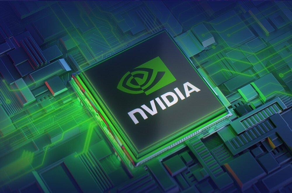 Obraz przedstawia układ scalony z logo \'NVIDIA\' na powierzchni, otoczony zielonymi i niebieskimi elementami przypominającymi płytę główną.
