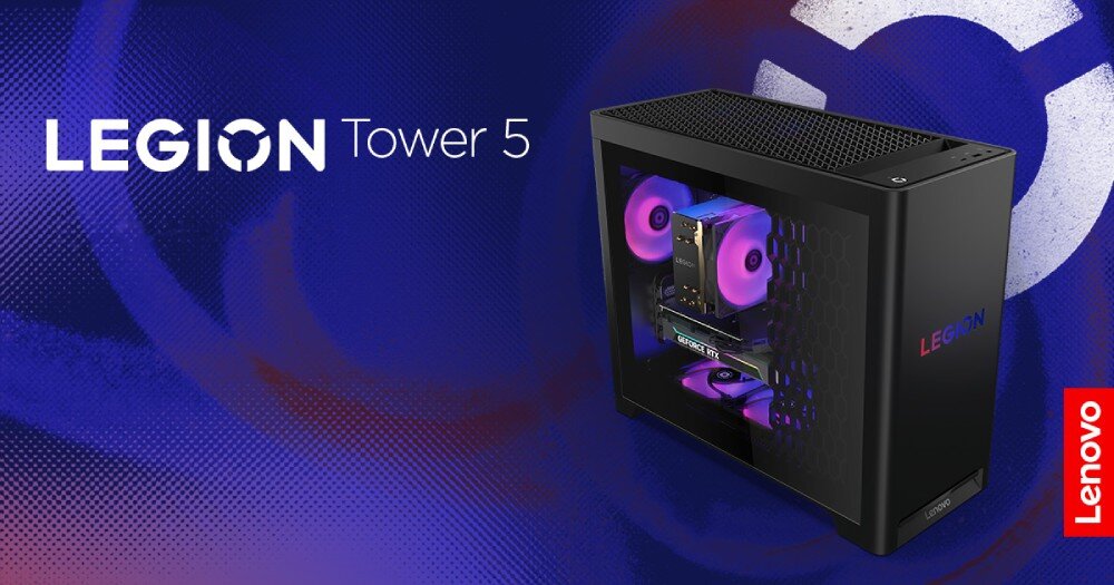 Obraz przedstawia komputer stacjonarny z podświetleniem RGB wewnątrz obudowy, obok znajduje się napis \'LEGION Tower 5\'. W prawym dolnym rogu widoczne jest logo \'Lenovo\'.