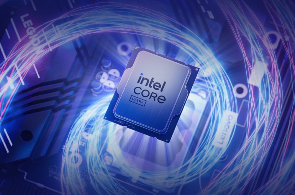 Komputer LENOVO Legion T7 34IAS10 Procesor z napisem 'Intel Core Ultra' otoczony niebiesko-fioletową grafiką symbolizującą energię, procesor, moc obliczeniowa