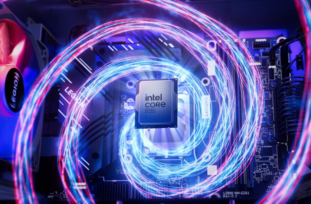Komputer LENOVO Legion T7 34IAS10 Procesor Intel Core zamontowany na płycie głównej, otoczony wizualizacją wirujących linii świetlnych symbolizujących przepływ energii, procesor, rdzenie, moc obliczeniowa