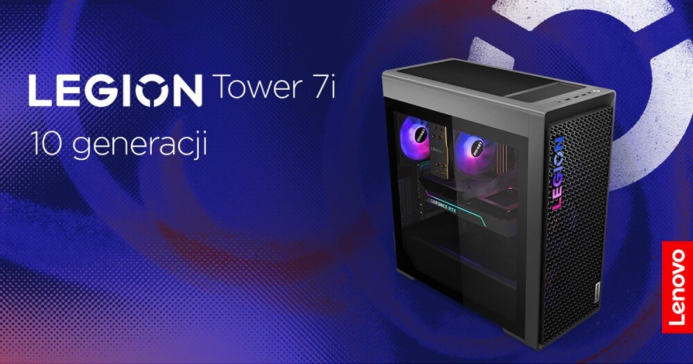 Komputer LENOVO Legion T7 34IAS10 Widok komputera stacjonarnego z podświetleniem RGB obok napisu 'Legion Tower 7i 10 generacji' na niebieskim tle z logiem producenta, opis