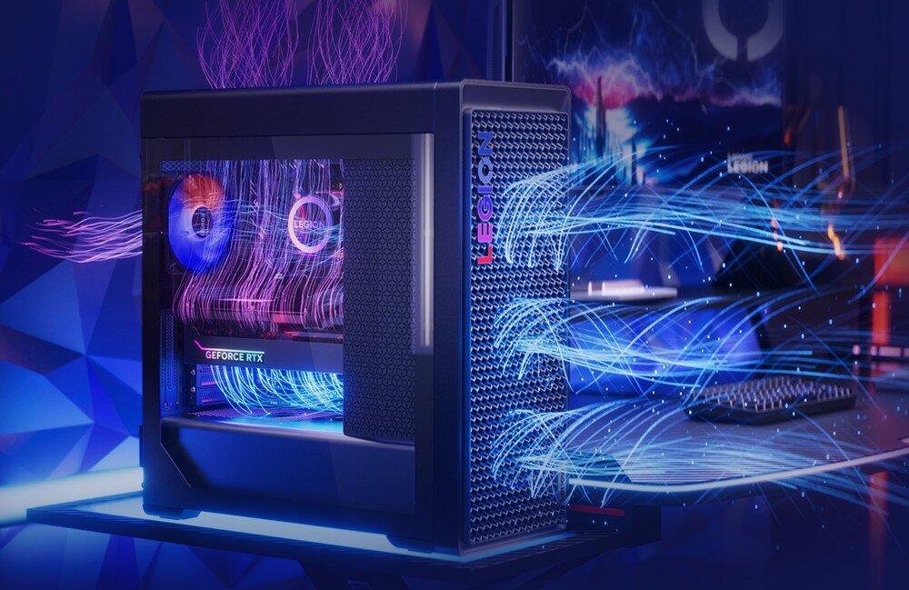 Komputer LENOVO Legion T7 34IAS10 Komputer stacjonarny z zaznaczonym przepływem powietrza przez wentylatory i przedni panel, chłodzenie, wentylacja, radiatory
