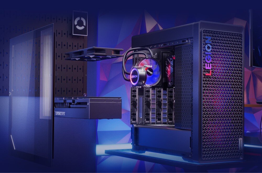Komputer LENOVO Legion T7 34IAS10 Rozłożony komputer stacjonarny z widocznymi podzespołami i panelem bocznym zdjętym obok obudowy, boczny panel, modernizacja, podświetlenie