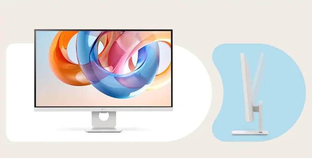Monitor LG Smart 27U731SA-W.AEU Grafika przedstawiająca monitor od przodu z kolorową, abstrakcyjną tapetą na ekranie, a po prawej stronie ten sam model pokazany z boku na jasnoniebieskim tle, ilustrujący możliwość regulacji kąta pochylenia obudowy w przód i w tył, obudowa, wygląd, ergonomia, regulacja