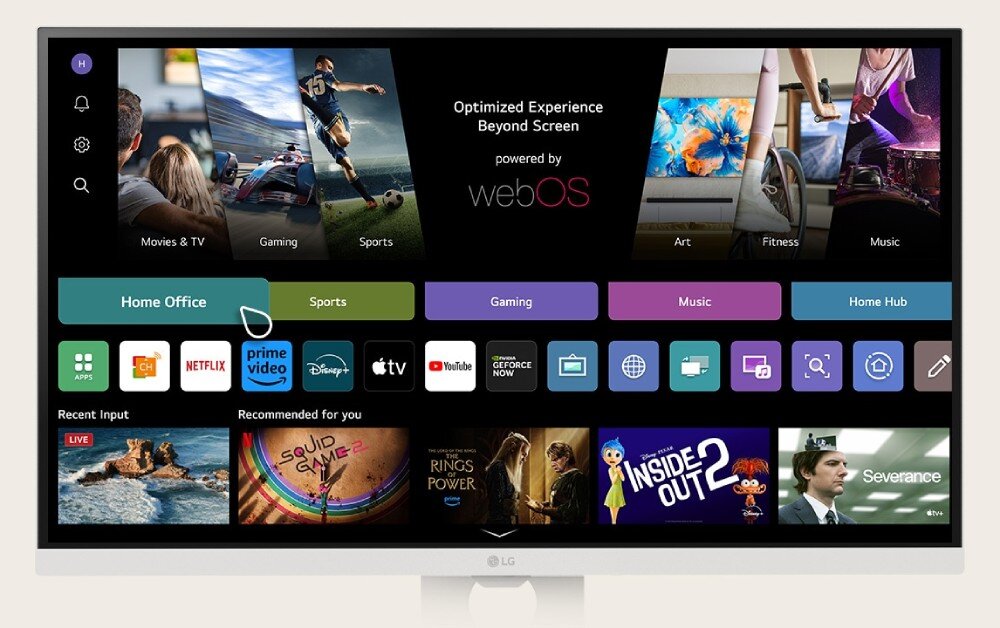 Monitor LG Smart 27U731SA-W.AEU Ekran z menu głównym systemu webOS podzielonym na kategorie Home Office, Sports, Gaming, Music i Home Hub oraz kafelkami aplikacji streamingowych takich jak Netflix czy Prime Video, przekątna, rozdzielczość, system webOS, funkcje
