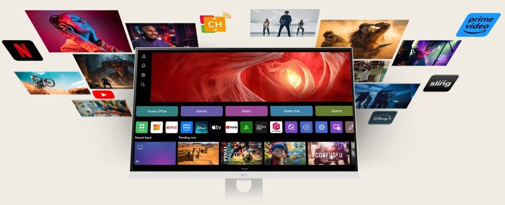 Monitor LG Smart 27U731SA-W.AEU Monitor prezentujący menu systemu webOS z unoszącymi się wokół niego grafikami nawiązującymi do filmów, muzyki, gier i sportu oraz logo popularnych platform internetowych, aplikacje streamingowe, obudowa, głośniki