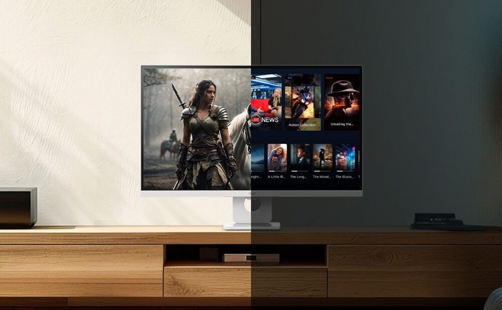Monitor LG Smart 27U731SA-W.AEU Monitor pokazujący porównanie działania funkcji automatycznej jasności, gdzie lewa połowa ekranu w jasnym pokoju zachowuje żywe barwy, a prawa połowa dopasowuje się do ciemnego otoczenia, regulacja podświetlenia, kontrast
