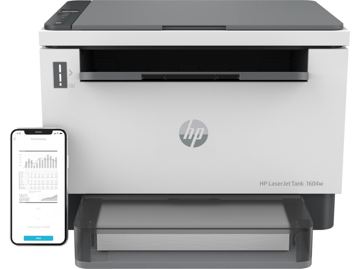 Na obrazie widoczne jest urządzenie wielofunkcyjne z logo HP oraz napis \'HP LaserJet Tank 1604w\'. Obok urządzenia znajduje się smartfon z wyświetlonym wykresem i tekstem \'SALES REPORT\'.