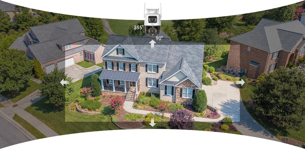 Kamera IMOU Cruiser Dual 6MP Zewnętrzna, Wi-Fi kamera na tle domu z widocznym zaznaczeniem kąta widzenia możliwość obracania kamery w poziomie w zakresie 260° i w pionie do 90° kąt widzenia 88° w poziomie i 45° w pionie monitorowanie dużego obszaru