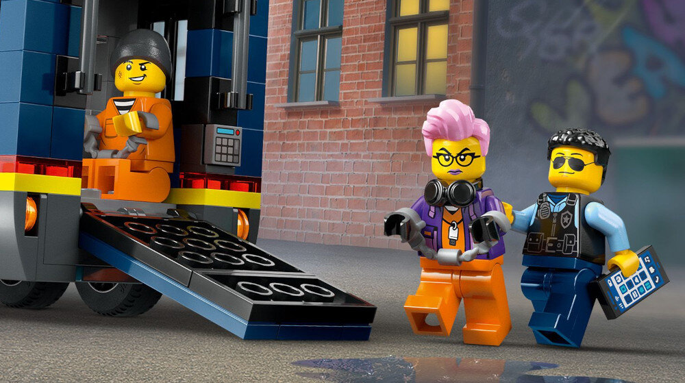 KLOCKI LEGO CITY POLICYJNA CIĘŻARÓWKA Z LABORATORIUM KRYMINALNYM 60418 cela złodzieje pokład