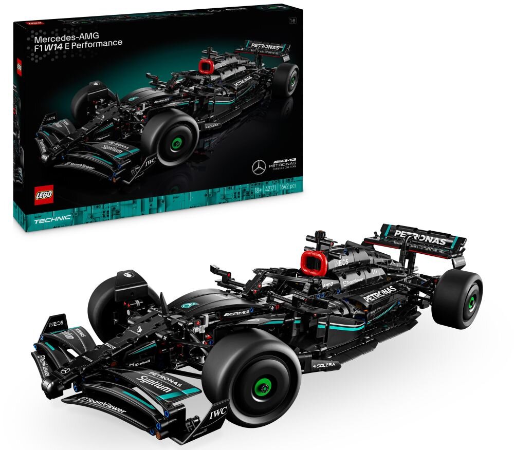 Na obrazie widoczny jest model samochodu wyścigowego z klocków LEGO oraz pudełko z napisem \'Mercedes-AMG F1 W14 E Performance\'. Samochód jest czarny z zielonymi i turkusowymi akcentami, a na pudełku znajduje się logo LEGO i Mercedes.