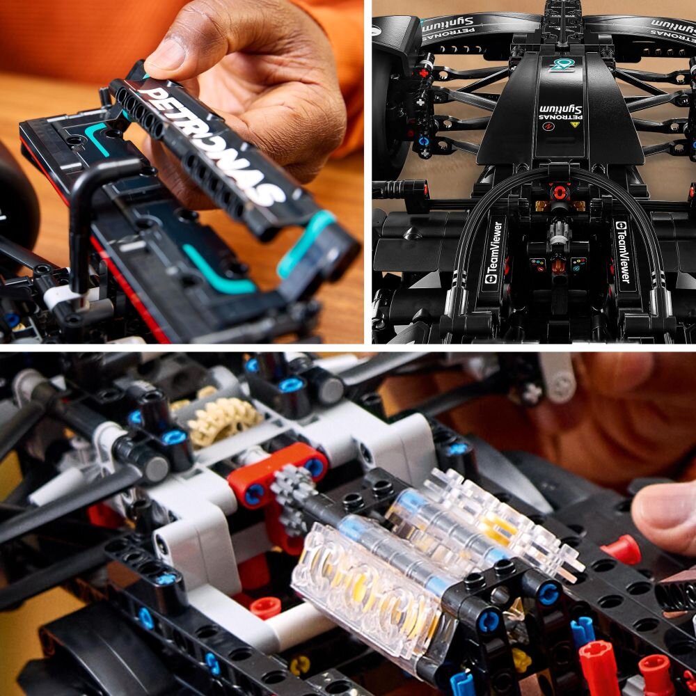 Na obrazie widoczne są szczegóły modelu LEGO z elementami technicznymi, w tym logo \'PETRONAS\' oraz \'TeamViewer\'. Model składa się z czarnych i kolorowych części, z widocznymi mechanizmami i elementami konstrukcyjnymi.