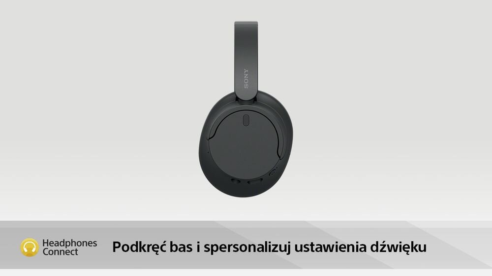 Czarne słuchawki nauszne z widocznym logo SONY na pałąku. Na dole znajduje się tekst: \'Podkręć bas i spersonalizuj ustawienia dźwięku\' oraz logo \'Headphones Connect\'.