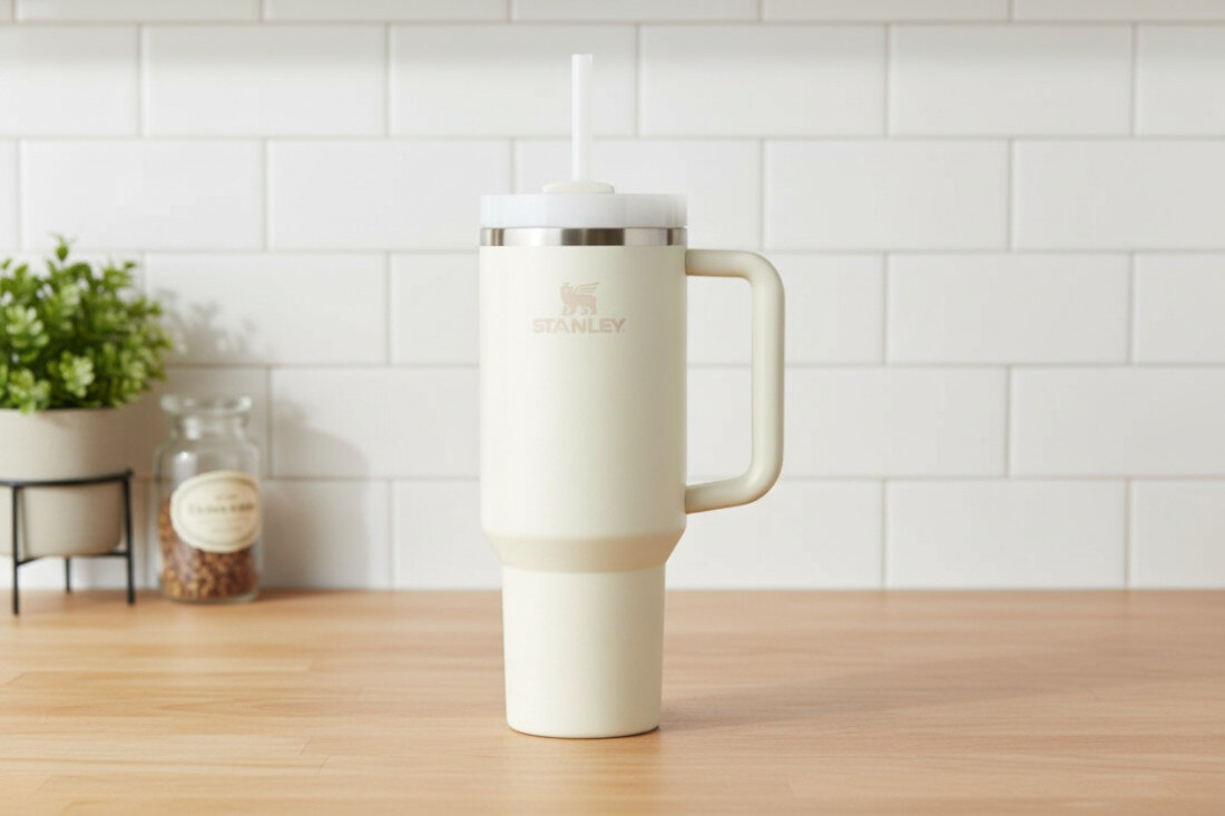 Kubek termiczny STANLEY Quencher H2.0 FlowState Tumbler trzymany w ręce przez uśmiechniętą osobę