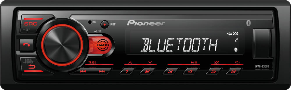 Czarne radio samochodowe z czerwonymi akcentami, wyświetlające tekst \'BLUETOOTH\' na ekranie. Widoczne logo \'Pioneer\' oraz oznaczenie modelu \'MVH-230BT\'.