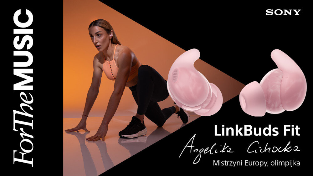 Słuchawki dokanałowe SONY LinkBuds WF-LS910 komfort lekka konstrukcja Air Fitting IPX4 Hi-Res ANC 21 h, Angelika Cichocka przygotowująca się do startu w biegach, słuchawki na pierwszym planie