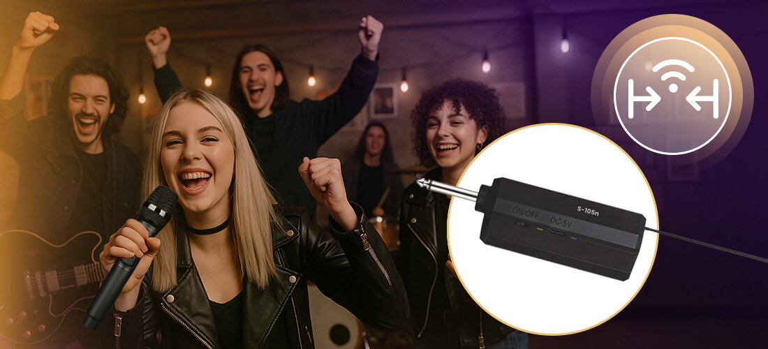 Mikrofon MUSICMATE S-105N ClearTone bezprzewodowy odbiornik Jack 6.3mm stabilny sygnał, kobieta trzymająca mikrofon, w tle ludzie okazujący radość