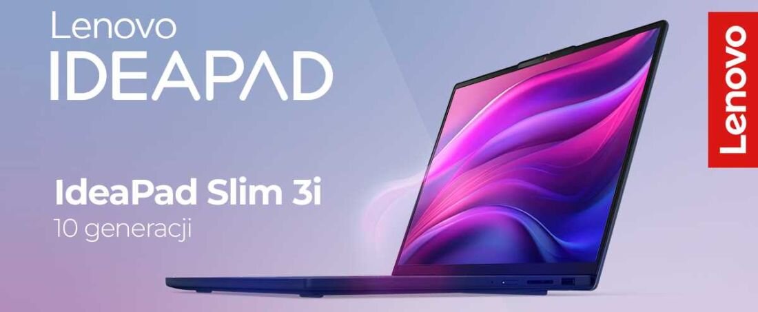 Baner promocyjny laptopa Lenovo IdeaPad Slim 3 10. generacji – po lewej stronie jasne logo Lenovo IDEAPAD i napis „IdeaPad Slim 3 10 generacji” na pastelowym, niebiesko-fioletowym tle; po prawej otwarty laptop z ekranem prezentującym dynamiczną, fioletowo-różową grafikę abstrakcyjną, z boku czerwony pasek z logo Lenovo.