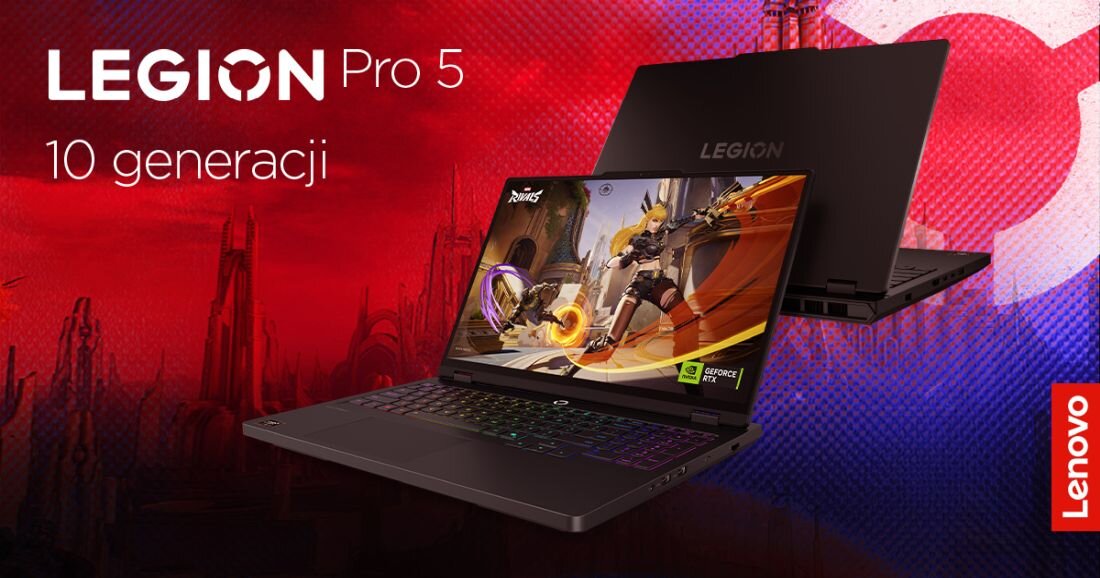 Baner reklamowy Lenovo Legion Pro 5 10 generacji z laptopem gamingowym na czerwonym tle z grafiką.  