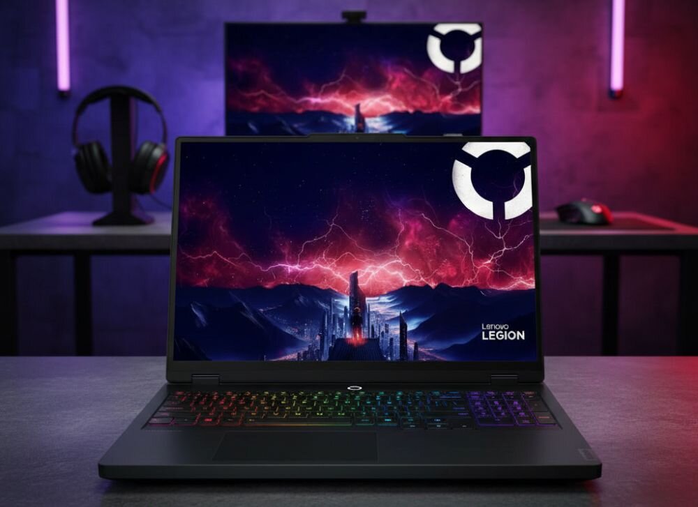 Laptop gamingowy Lenovo Legion z podświetleniem RGB i tapetą na ekranie w studiu z monitorami zewnętrznymi. - Opis serii Legion 5 Pro 