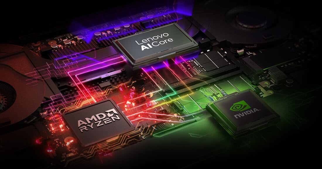 Płyta główna laptopa Lenovo Legion z układem Lenovo AI Core i procesorami AMD Ryzen oraz NVIDIA w kolorowych efektach. -  LENOVO AI Engine+, Smart FPS  