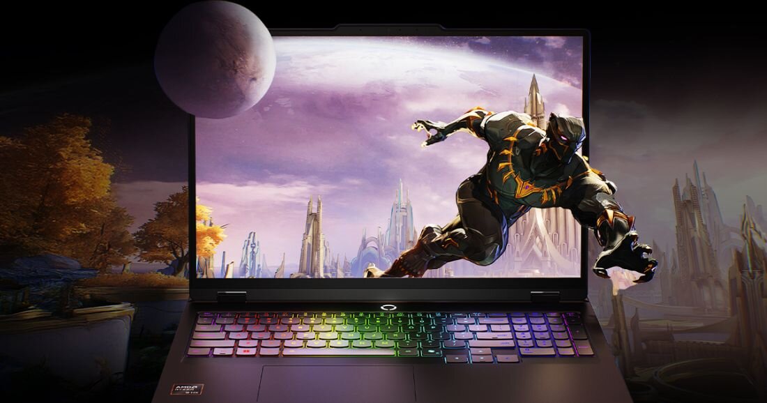 Laptop gamingowy Lenovo Legion z grafiką fantasy na ekranie i tęczowym podświetleniem klawiatury RGB. - Ekran LENOVO PureSight Gaming Display 16 WQXGA 